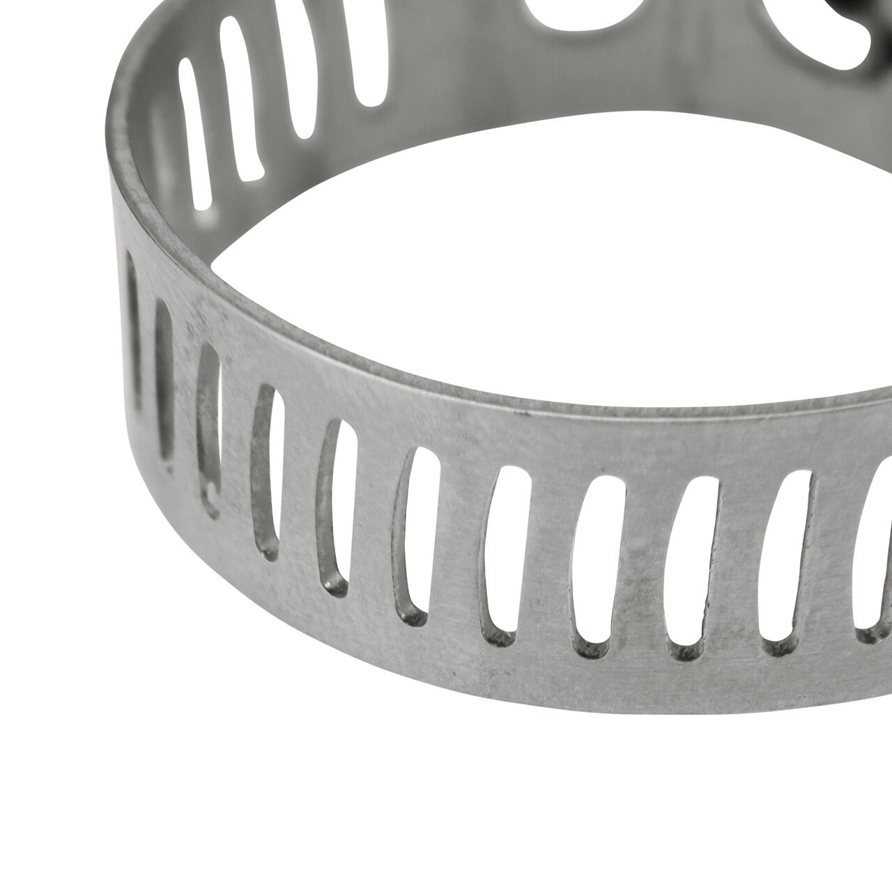 Closeup view of the arcial perforated slots in band for added strength and smoother engagement on the NDS 1/2 in. - 29/32 in. Worm Drive Hose Clamp SAE 6 with 5/16 band width (NDS 3606)