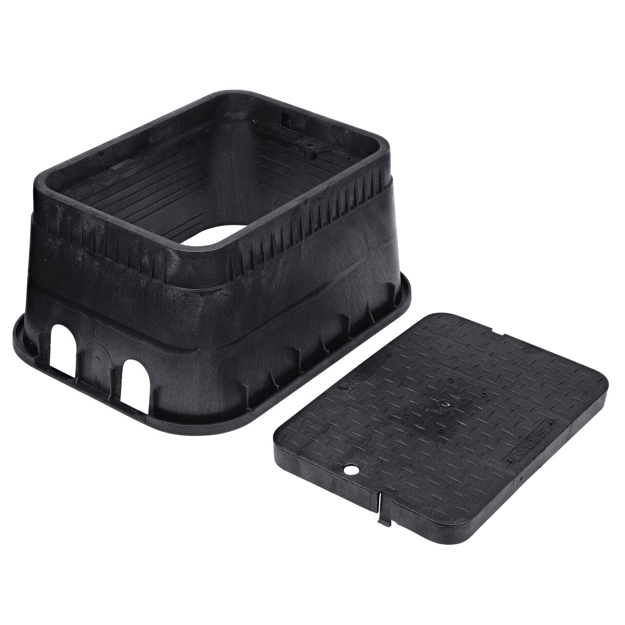 Unassembled View of the NDS 13 in. X 20 in. Black Rectangular D1500 Meter Box with Dual Pipe Slot meter box and Black Water Meter drop-in cover (NDS D1500-DUDISB)
