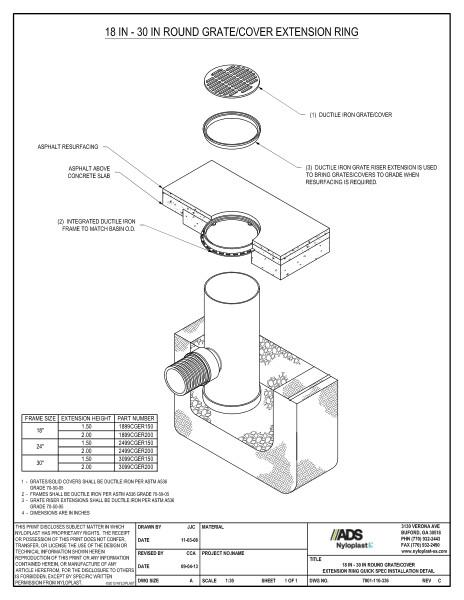 18" - 30" Round Grate/Cover Extension Ring Quick Spec Installation Nyloplast Detail