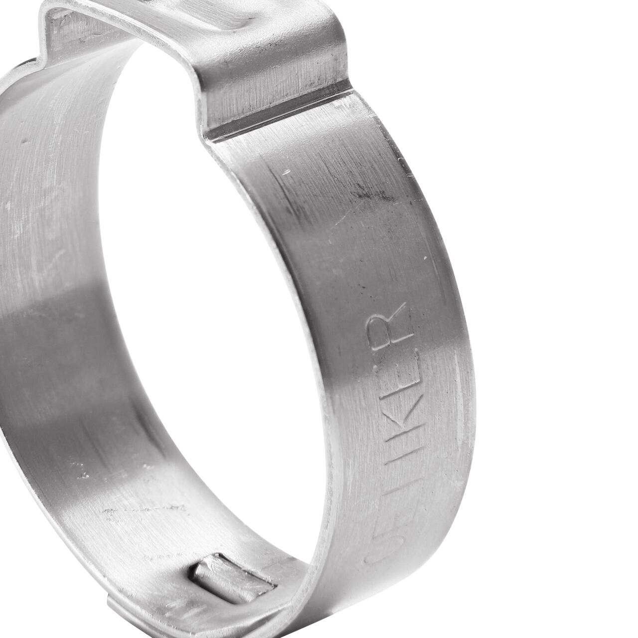 Closeup side view of the NDS 226R Stainless Steel Pinch Clamp (NDS NC-155000-013) that works with most soft hose and rigid plastic pipe to transport water and prevent leaks in pressurized systems