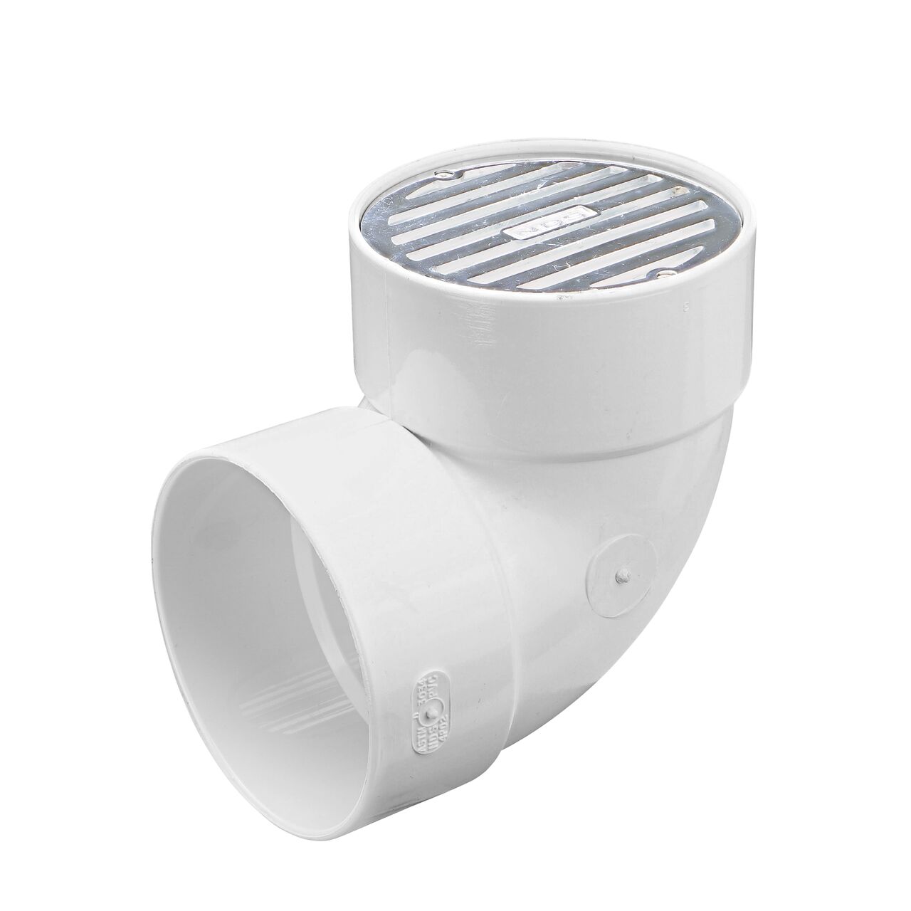NDS 4 in. Round Grate (NDS 908PC) installed to a 4 in. elbow  (NDS 4P02)