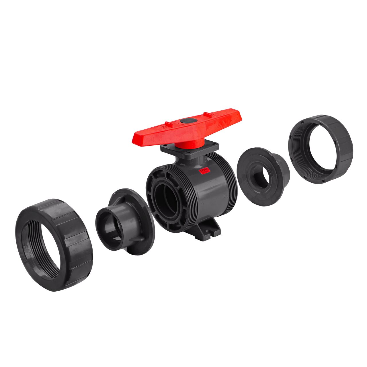 PVC True Union Ball Valve unassembled showing slip ends that connects two 2-1/2 in. Sch. 80 pipes