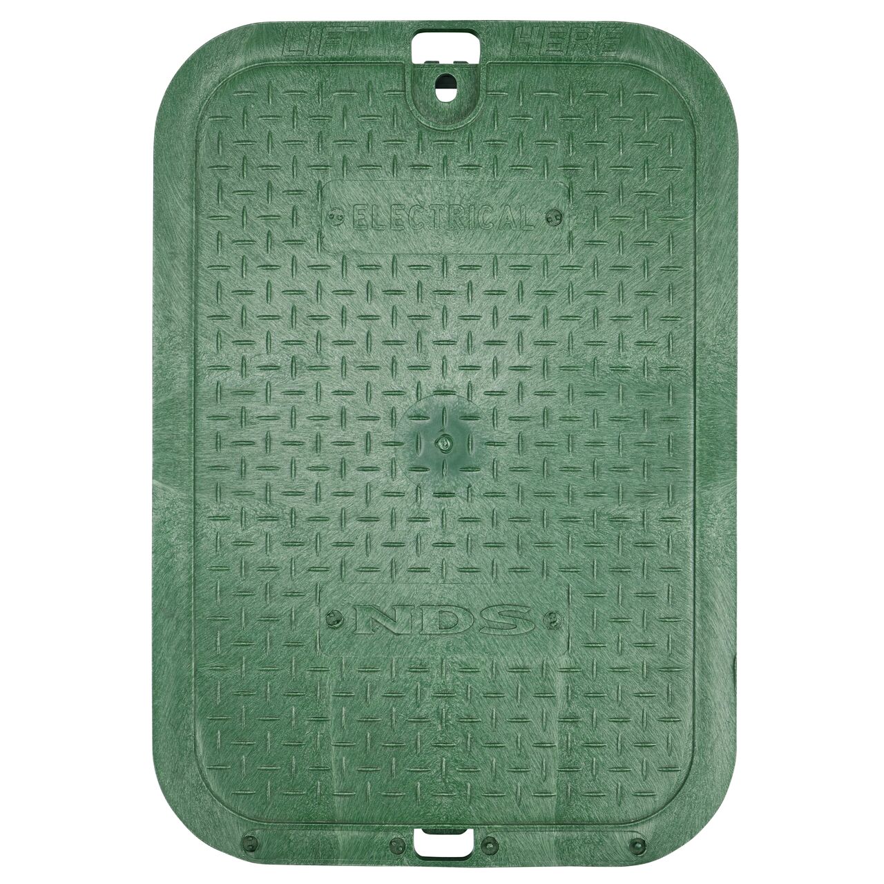 Top down view of the top side of the green Electrical cover for the NDS 14 in. X 19 in. Rectangular Standard Series Valve Box (NDS 113BCE) showing the green Electrical markings