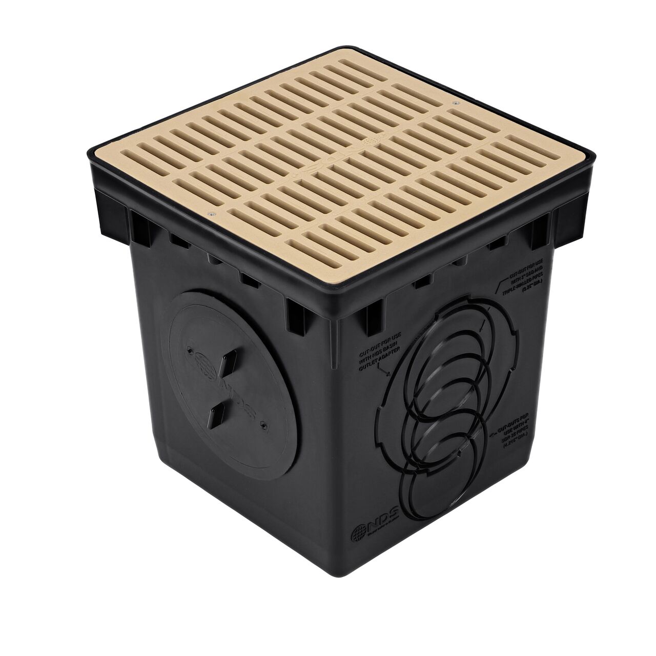 Use the plug on the NDS 12 in. Catch Basin Drain Kit with sand plastic grates (NDS 1200SKIT) to seal off one end of the catch basin drain, controlling the flow of stormwater to the pipes desired