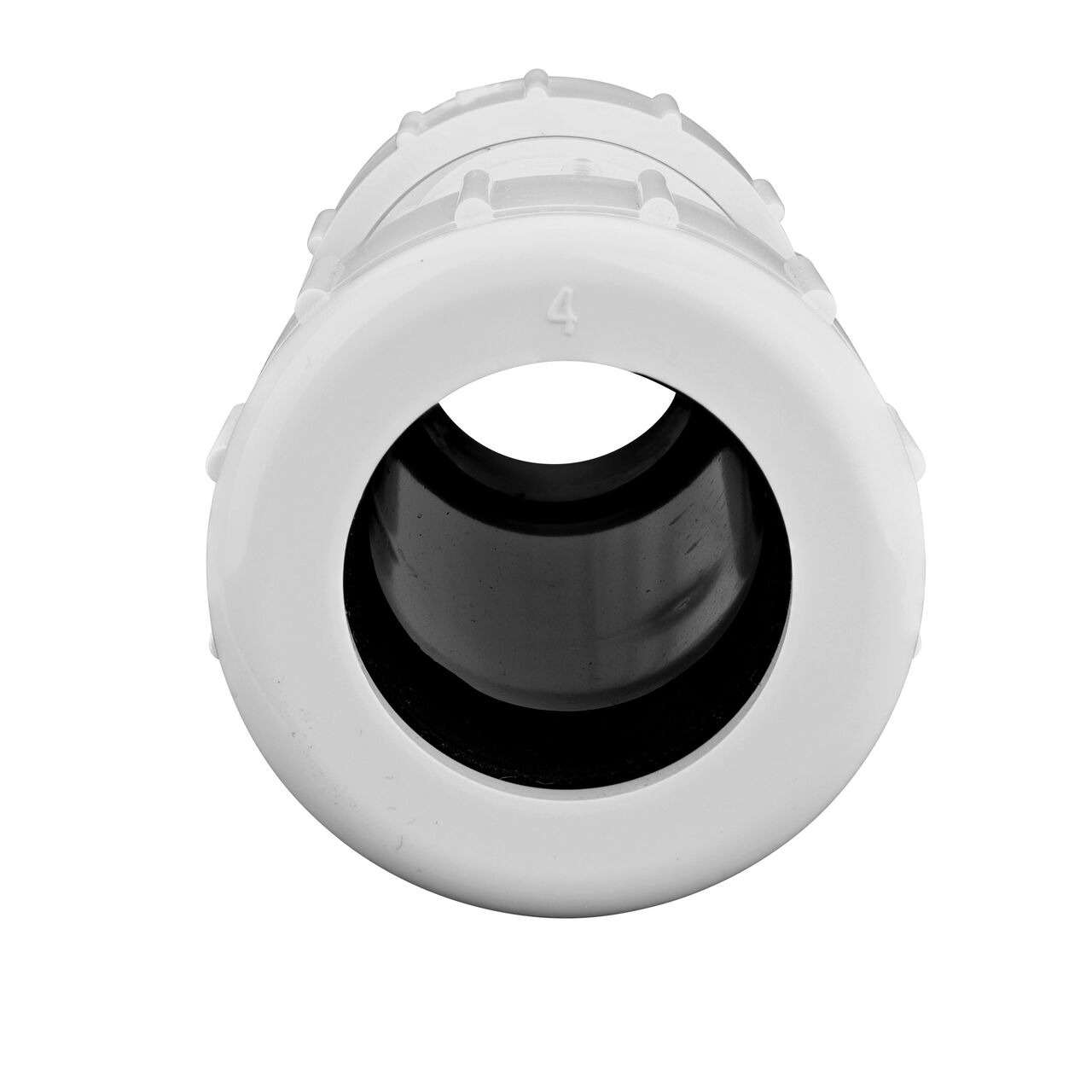 The NDS 1 in. IPS UC Compression Coupling showing the gasket inside the adjustable nut that secures it in place once installed (NDS CPC-1000)
