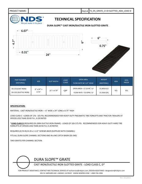 NDS Dura Slope® Channel Drain Grate Slotted Ductile Iron Tech Spec
