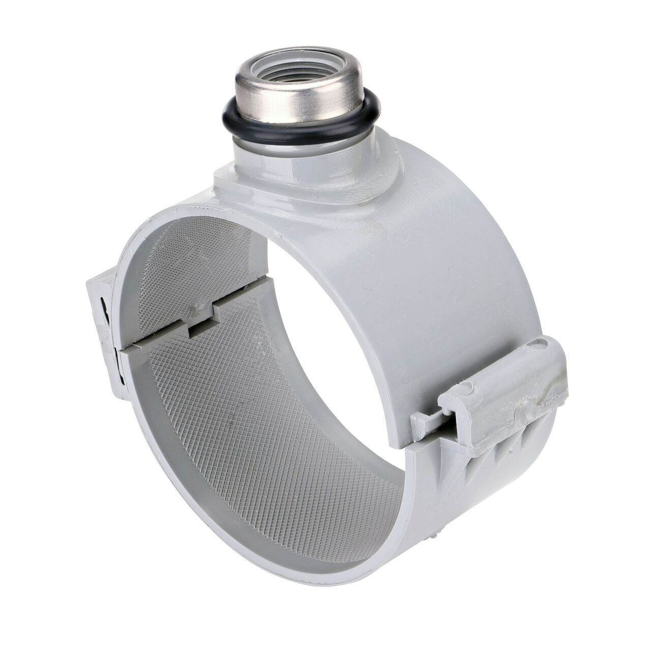 The NDS Clamp-It™ Rigid PVC Saddle for 4 in. PE pipe with 3/4 in. FPT connection on top (NDS 344007P) has a patented wedge design on one side and hinge on the other to install a sprinkler irrigation system to existing pipe without any bolts