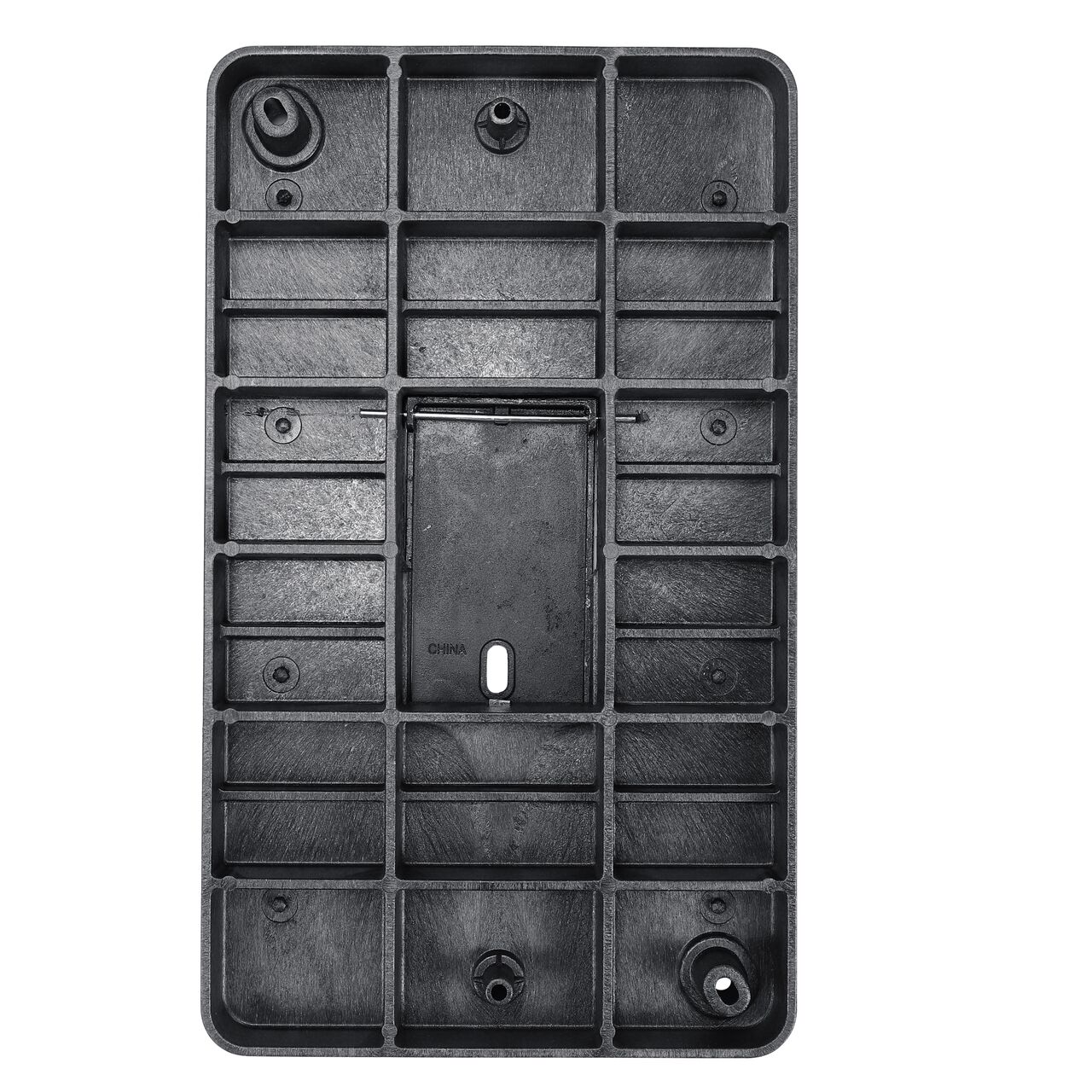 Top down view of the underside side of the Black Water Meter cover (NDS 125BCDMCIFB) for the NDS 13 in. X 24 in. Rectangular Standard Series Meter box with Bolt, showing reinforcing ribs that are load rated to withstand pedestrian traffic and and the hinged reader door for easy access