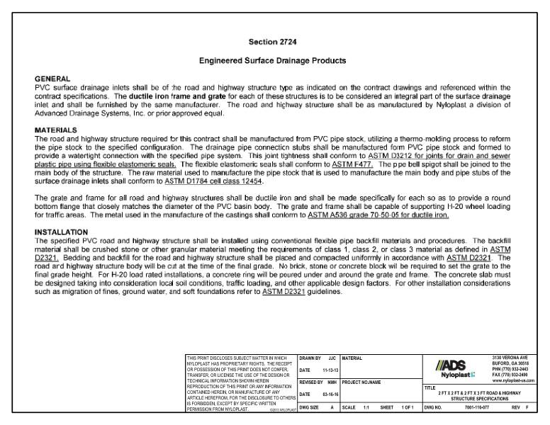2' x 2' & 2' x 3' Road & Highway Structure Specifications Nyloplast Detail