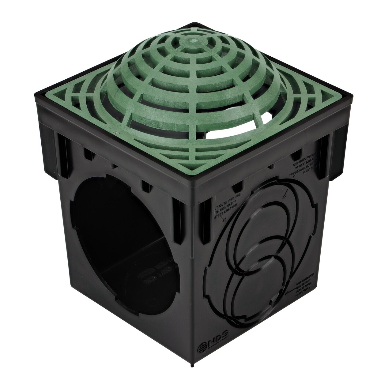 9 in. Green plastic Atrium grate (NDS 991) installed on a black plastic 9 in. Catch Basin Drain with 2 Openings (NDS 900)