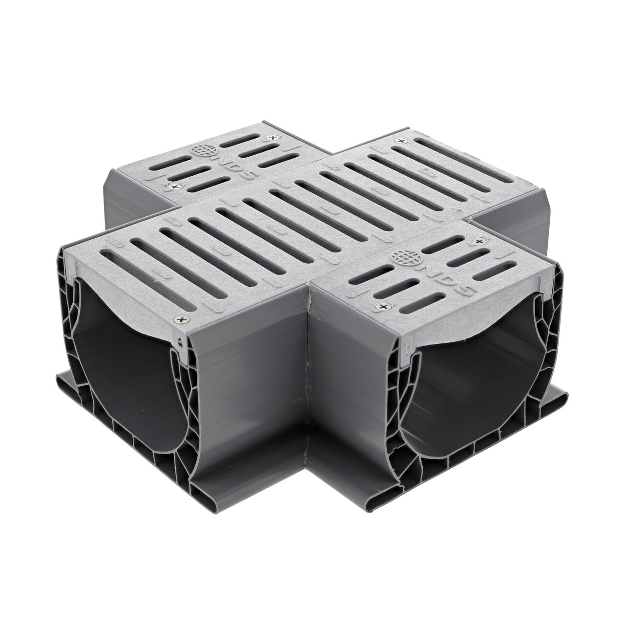 Hero shot of Spee-D® Channel Drain and Grate with Cross, Gray Plastic (NDS 2361) which can be used with the Spee-D Channel Drain system