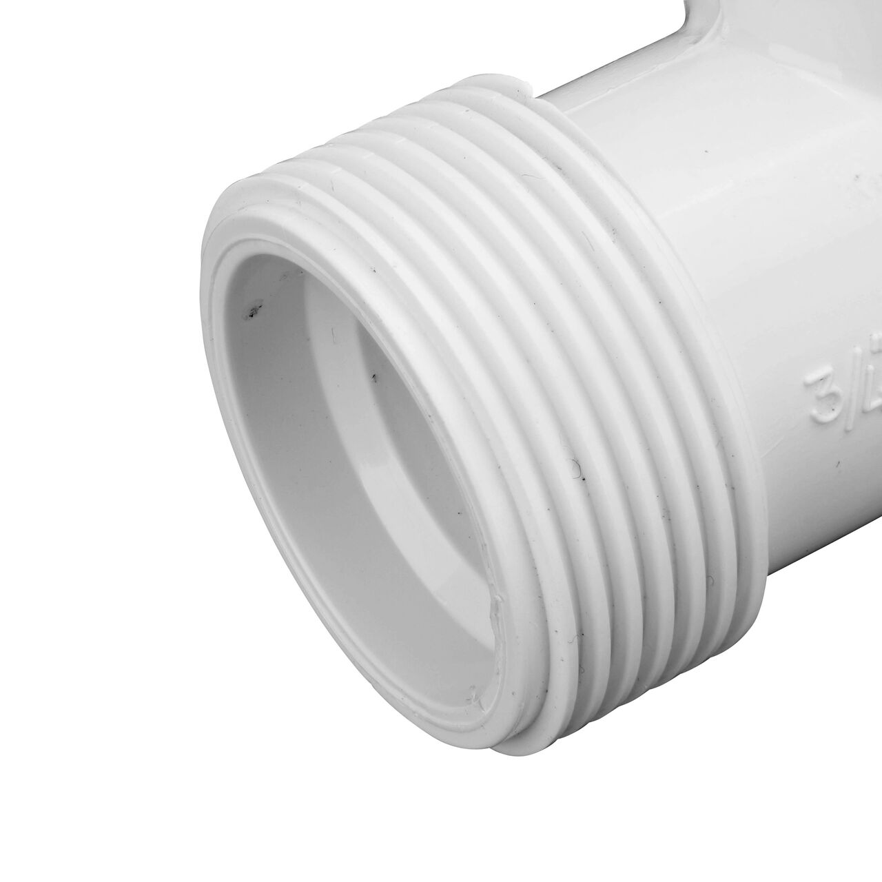 Closeup view of the NDS PVC Threaded Tees showing the compression end with 3/4 in. adjustable nuts removed and once installed provides a leak-resistant connection (NDS CPT-0750-S)