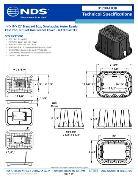 NDS 14 in. X 19 in. Rectangular D1200 Meter Box and Cover, 12 in. Height, Black Box, Cast Iron Water Meter Cover with Cast Iron Reader Tech Spec
