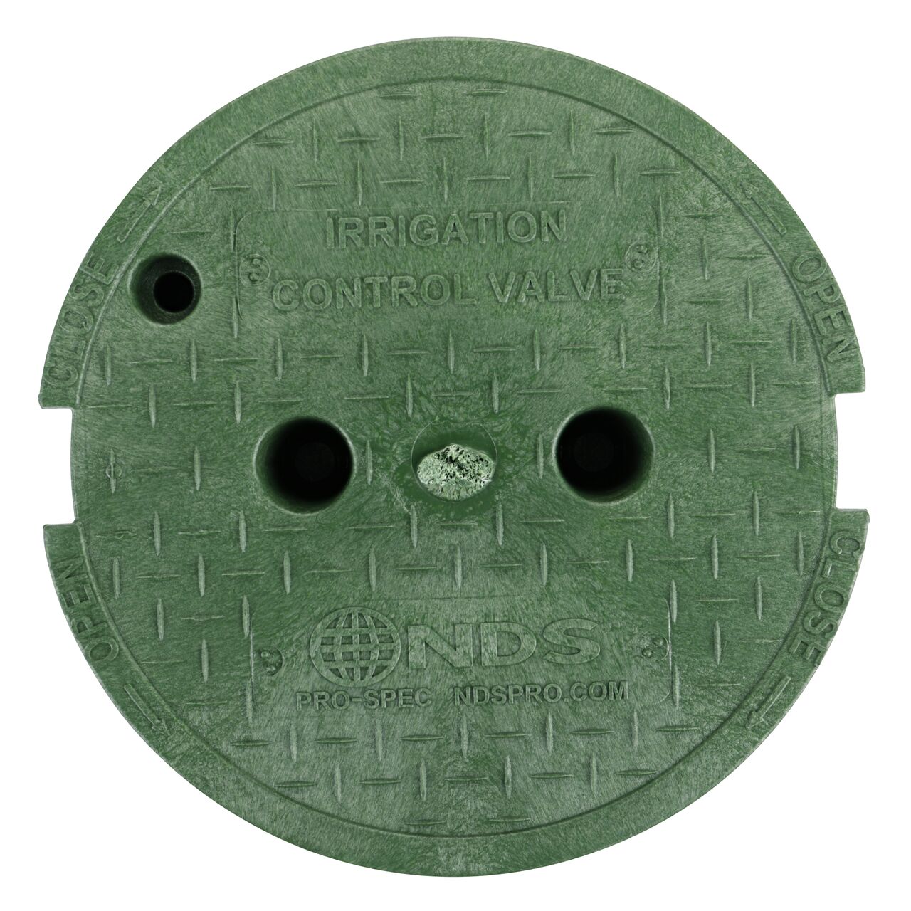 Top down view of the top side of the green irrigation control valve cover for the NDS 10 in. Round Pro-Spec® Series (NDS 311C) shows markings, two finger slots to twist and remove lid