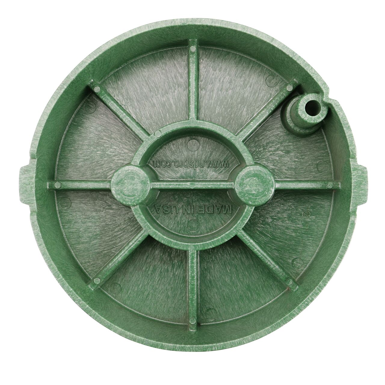 Top down view of the underside of the green Reclaimed Water box cover for the NDS 10 in. Round Pro-Spec® Series (NDS 311C) showing reinforcing ribs that help support pedestrian traffic and lawn care equipment