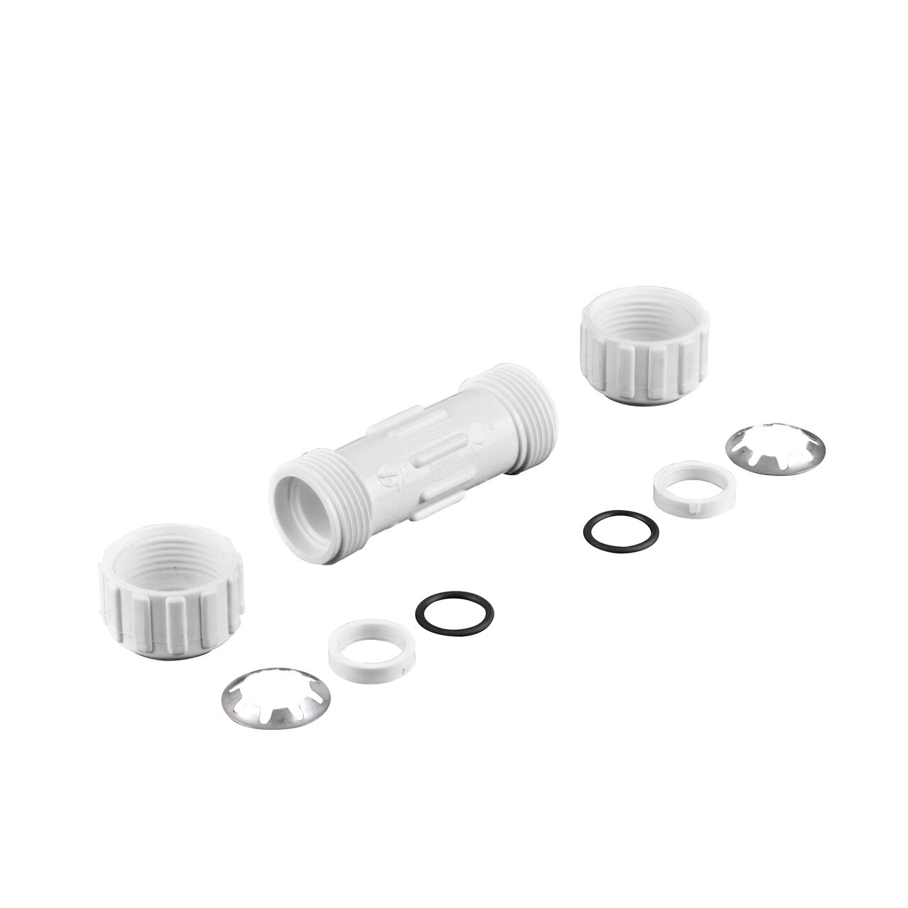 Fully unassembled NDS 1/2 in. Flo Lock PVC Gripper Coupling (NDS 112-05) showing the steel gripper and EPDM O-Ring