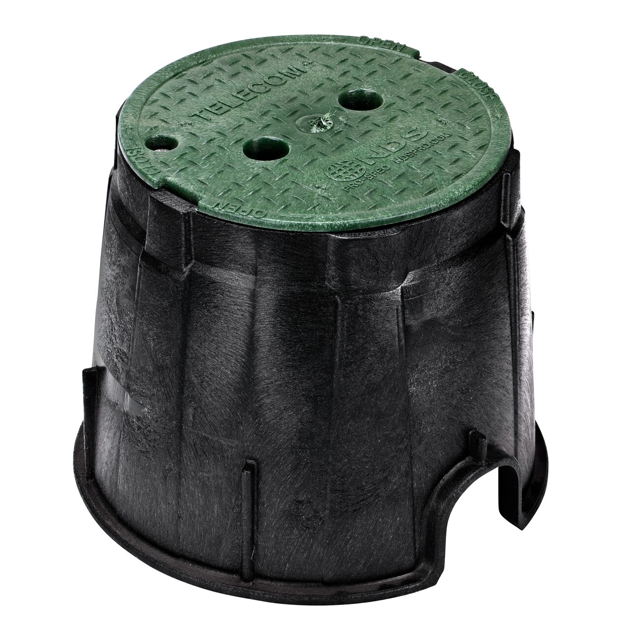 The NDS 10 in. Round Pro-Spec Series Valve Box and Cover is a 10 in. high Black Box and Green Cover with telecom markings on the lid; protects and conceals components (NDS 311BCBT)