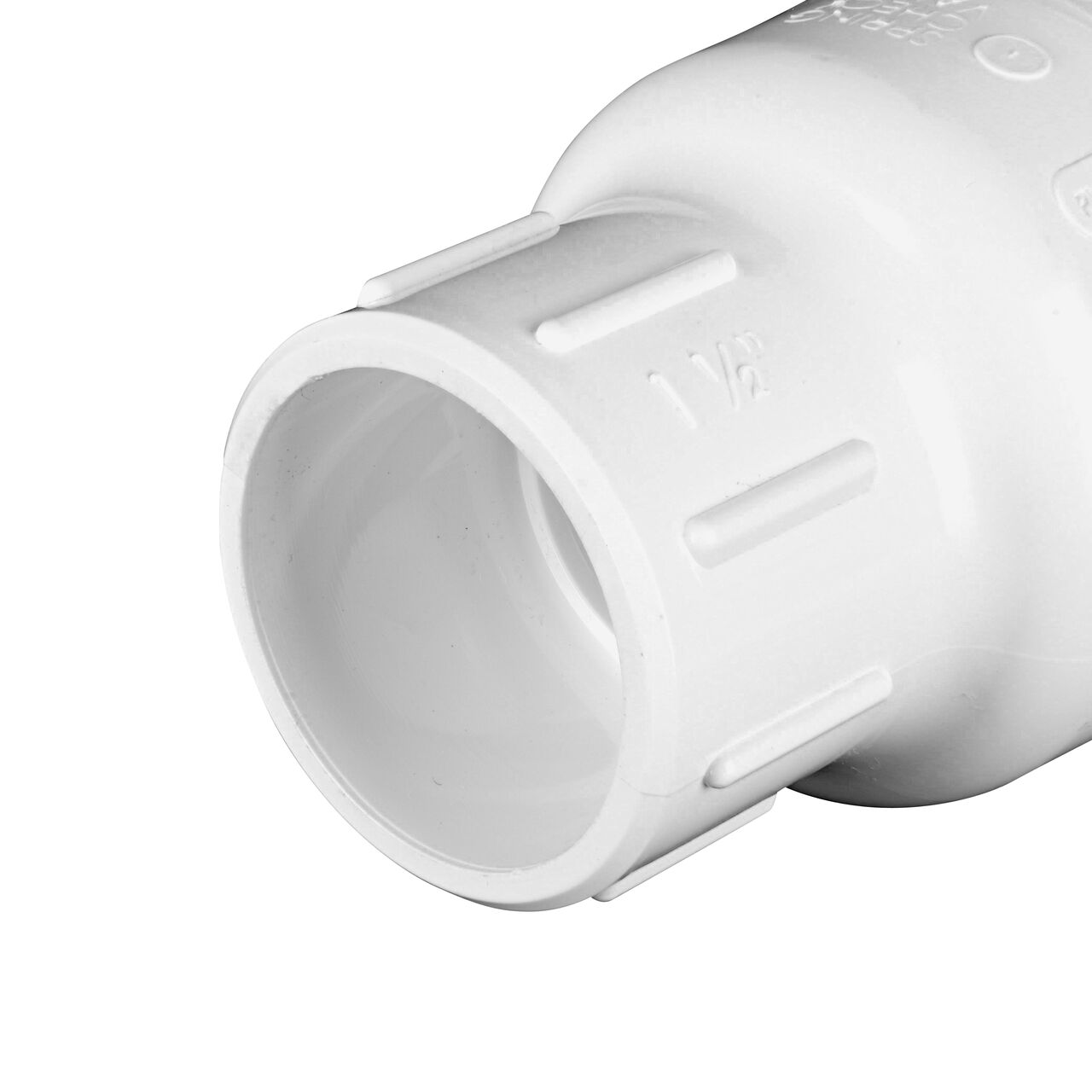 Closeup of the non-sloped end of the slip NDS White 1-1/2 in. slip end by slip end PVC Spring Check Valve (NDS 1011-15, NDS 1012-15)