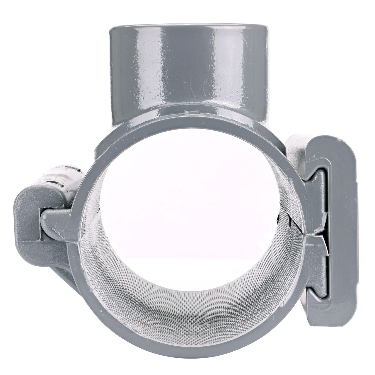 Front facing view of the NDS Clamp-It™ Rigid PVC Saddle with 2 in. slip connection on top (NDS 453020) for 3 in. PVC pipe showing both the wedge and hinge sides