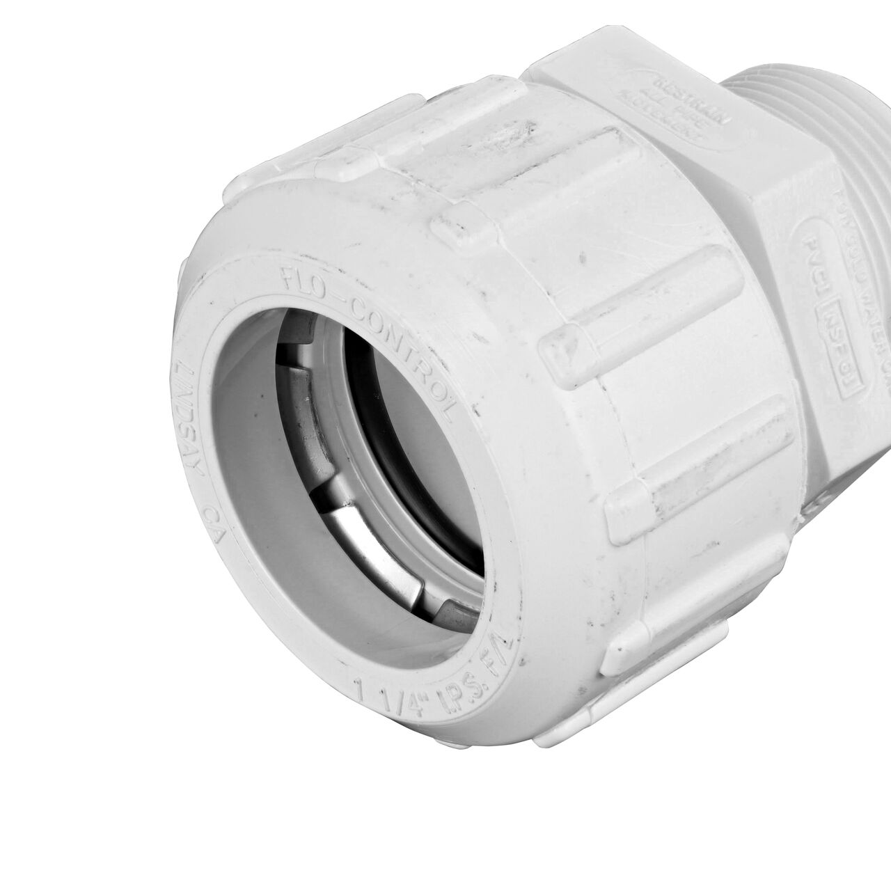 Closeup of the Flo Lock compression end with steel gripper on the NDS 1 1/4 in. PVC to IPS Male Adapter with Flo Lock (NDS 135-12)