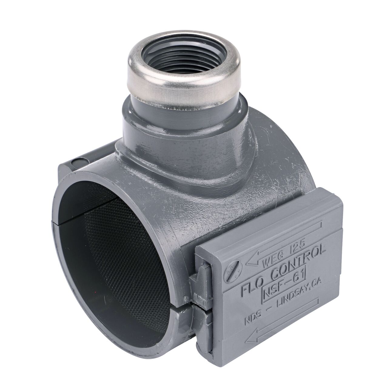 The NDS Clamp-It™ Rigid PVC Saddle with a 1 in. FPT outlet on top fits 2 in. PE pipe with a patented wedge design to install a sprinkler irrigation system to the existing pipe without any bolts (NDS 322010P)