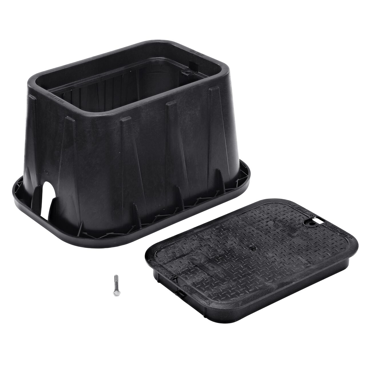 Unassembled View of the NDS 14 X 19 in. Black Rectangular Pro-Spec® Series valve box, bolt, and Black Reclaimed Water Overlapping cover (NDS 313BCBRBLK) with universal locking mechanism enabling a variety of bolts and screws to be used to secure the covers.