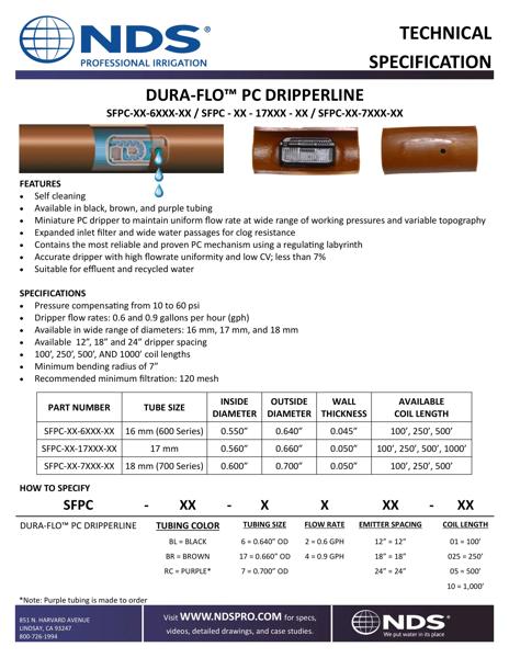 NDS Dura Flo™ Pressure Compensating Dripline (PC) Tech Spec