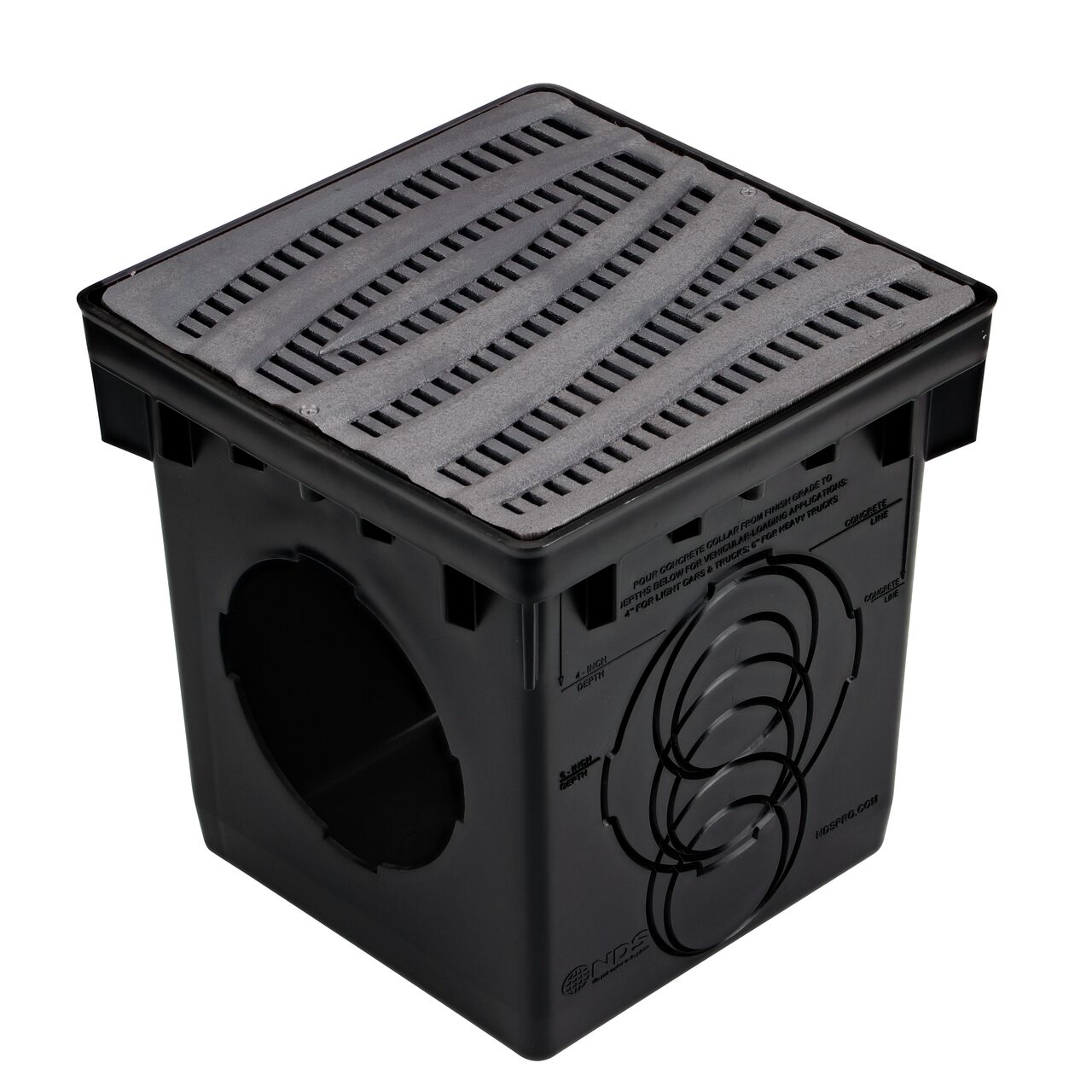 The 12 in. NDS Square Catch Basin Drain Grate, Decorative Wave Design, Cast Iron (NDS 1224CI) fits on a NDS 12 in. Square Catch Basin (NDS 1200)