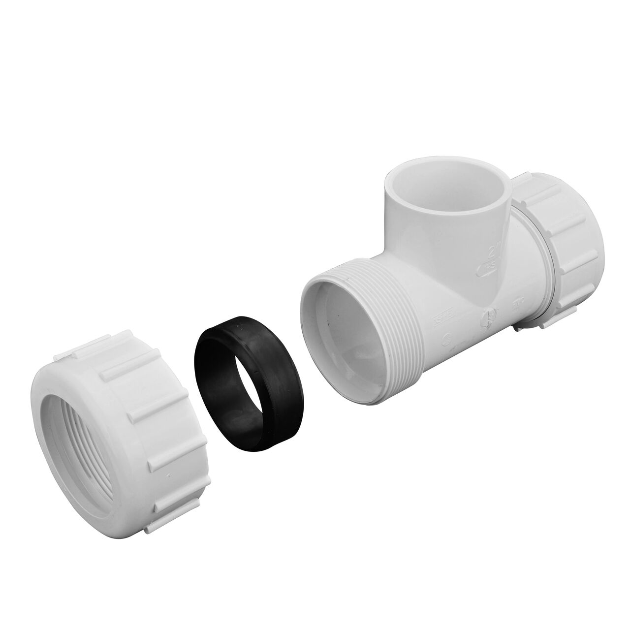 One unassembled end and one assembled end on the NDS 2 in. IPS UC X S Compression Tee showing the Santoprene gasket and adjustable nut that tightens and secures to pipes providing a leak-resistant connection (NDS-CPT-2000-S)