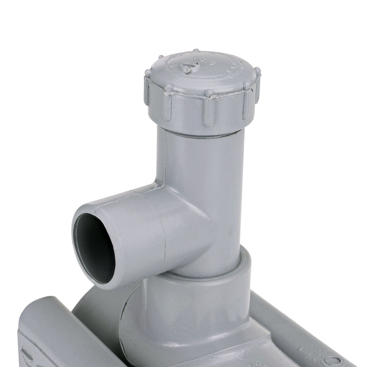 Closeup view of the 3/4 in. socket or 1 in. spigot hot/wet tap connection point on the 2 in. NDS Flo-Tap™ Rigid PVC saddle with 3/4 in. socket or 1 in. spigot (NDS 3120)