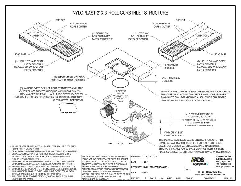 Drain Basin with 2' x 3' Roll Curb Inlet Quick Spec Installation Nyloplast Detail