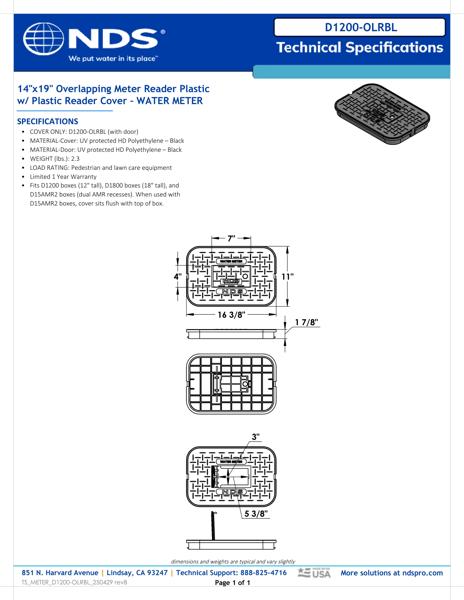 NDS 14 in. X 19 in. Rectangular D1200 Meter Box Cover, Black Water Meter with Plastic Reader Tech Spec
