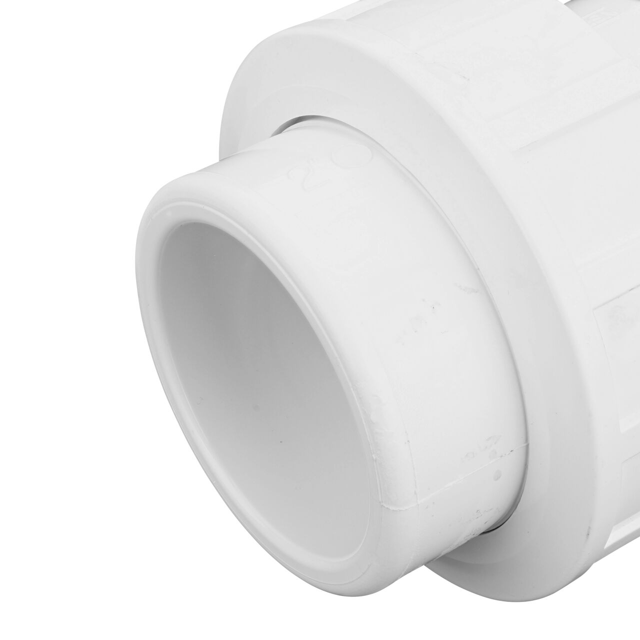 Close up view of the PVC Union, 2 in. Sch. 40 S X S showing NDS brand a leader in flow management solutions and the preferred choice of professionals since 1972 mark (NDS WU-2000-S)