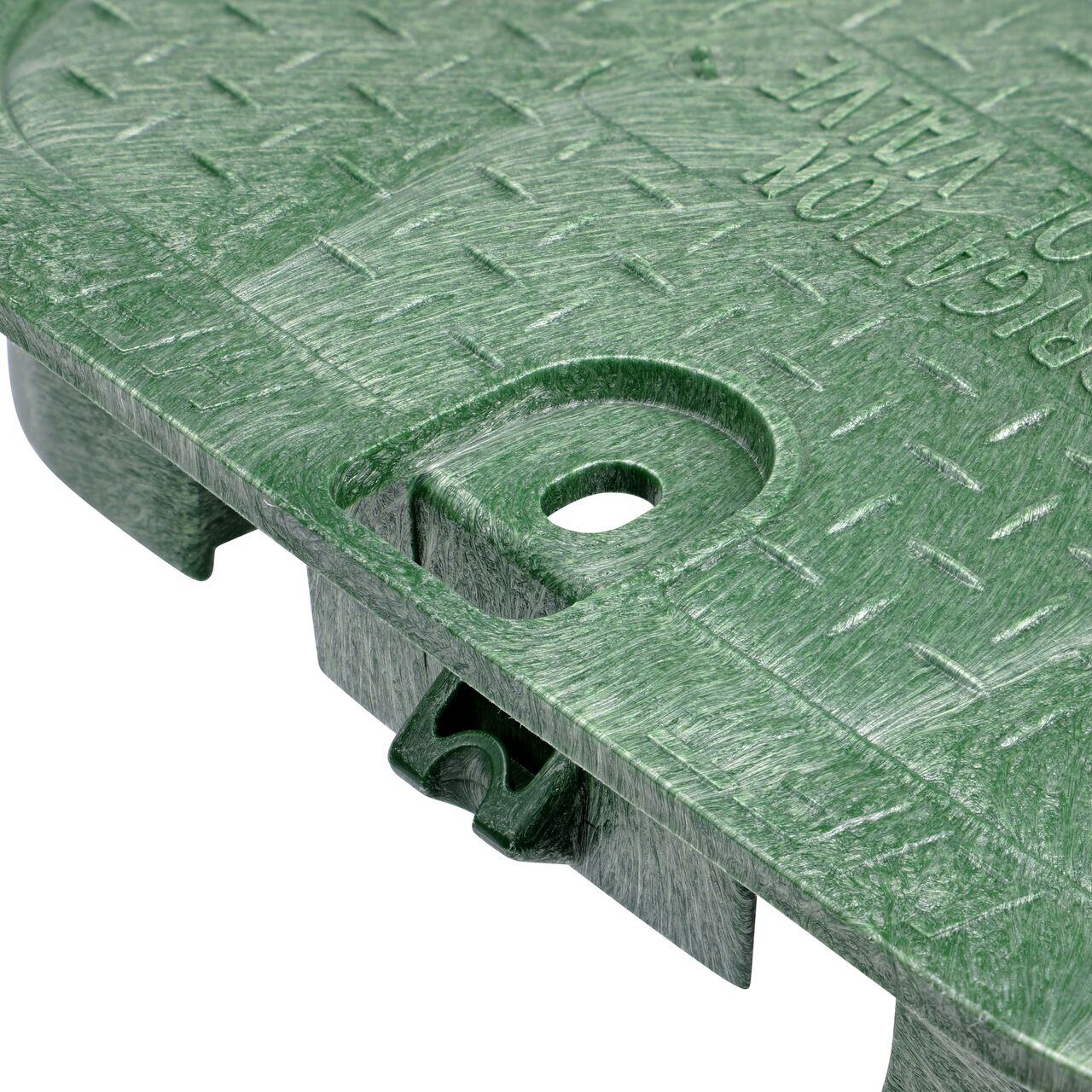 Closeup view of the locking mechanism and bolt hole on the Irrigation Control Valve cover (NDS 113C) for the NDS 14 X 19 in. Rectangular Standard Series Valve Box