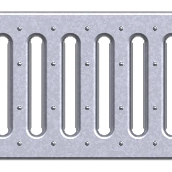 Top down partial closeup view of class C slotted galvanized steel BG-FILCOTEN® 100 Trench Drain Grate (NDS 17010206)