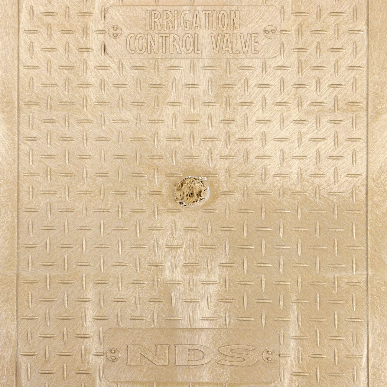 Closeup view of the Irrigation Control Valve markings on the Sand Irrigation Control Valve cover for the NDS 14 in. X 19 in. Rectangular Pro-Spec® Series Valve Box (NDS 314BCSAND)