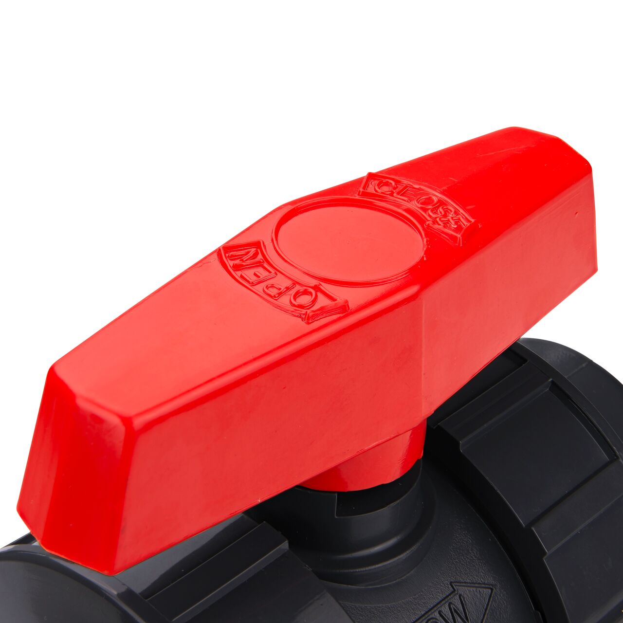 Closeup view of the easy to turn, two-sided handle on the 1-1/2 in. PVC Slip & Threaded True Union Ball Valve (NDS BTU-1500-E)