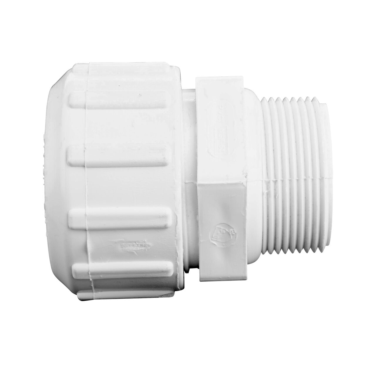 Side View of the NDS 1 1/2 in. Flo-Lock™ PVC Gripper Adapter, 1-1/2 in. CTS X 1-1/2 in. CTS MPT (NDS 235-15) which transports water through pipes.