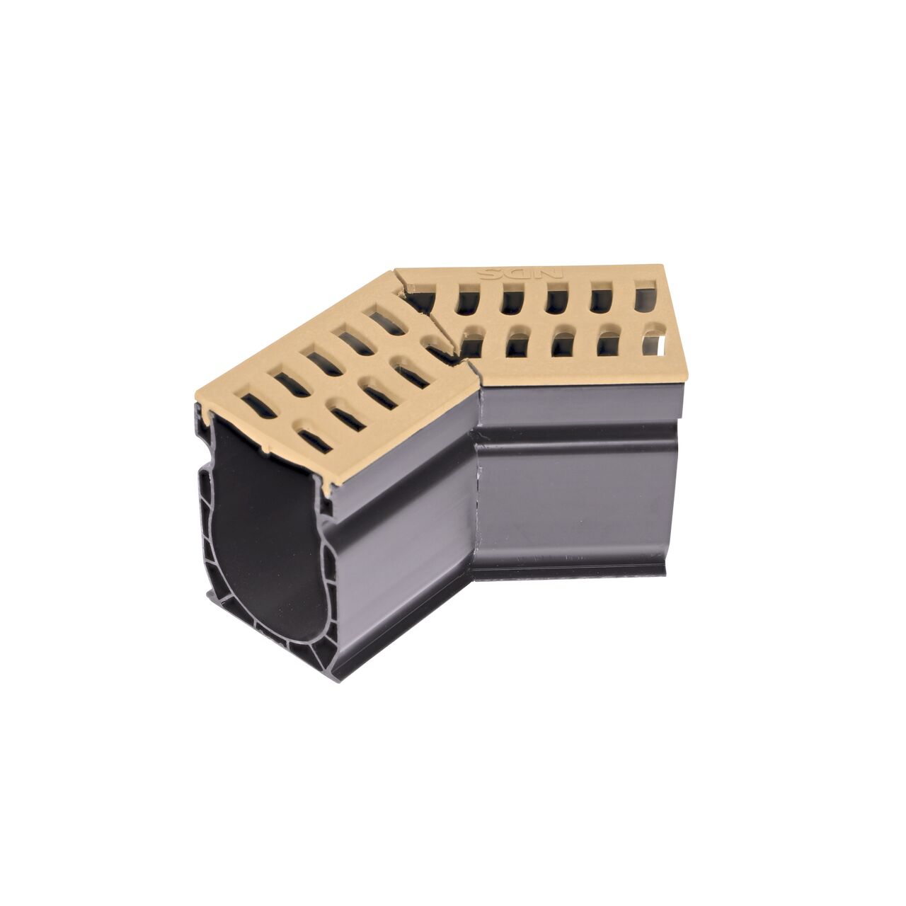Hero shot of the Slim Channel™ Drain 45° Elbow and Grate in sand color (NDS 9302)