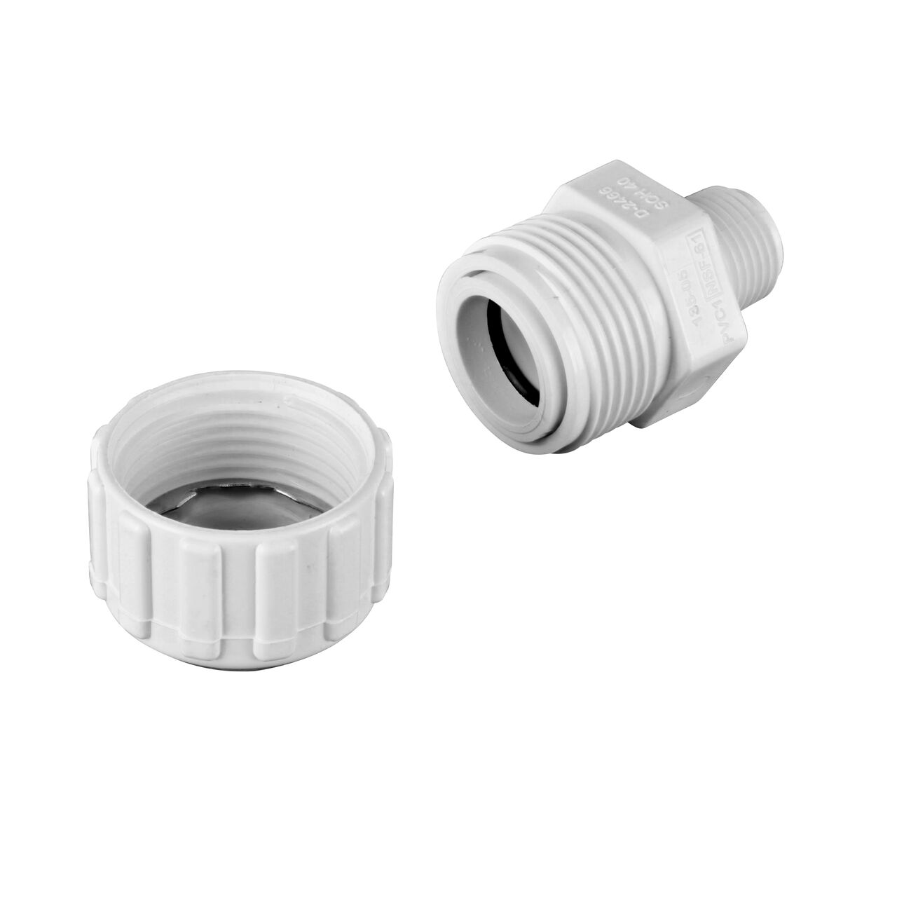 Unassembled NDS 1/2 in. Flo-Lock™ Gripper Adapter showing where the two ends come apart to secure the adapter to the pipe (NDS 135-05)