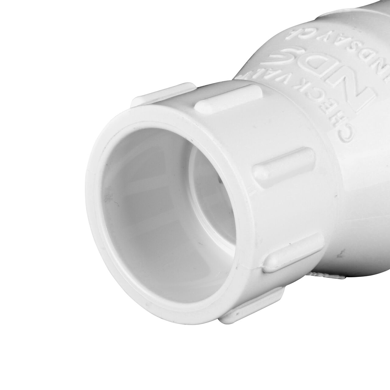 Closeup of the threaded end of the NDS White 3/4 in. PVC Spring Check Valve  (NDS 1011-07, NDS 1012-07)