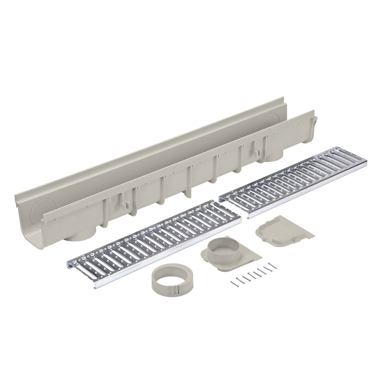 Unassembled NDS 5 in. Pro Series Channel Drain Kit, with Channel Drain, 2 Galvanized Steel Drain Grates, End Cap/Outlet, and End Cap (NDS 864GMTL)