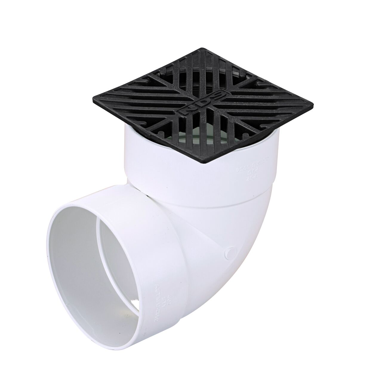 NDS 5 in. Square Grate installed on 4 in. Sewer and Drain Fitting, or Elbow (NDS 8*, NDS 8)