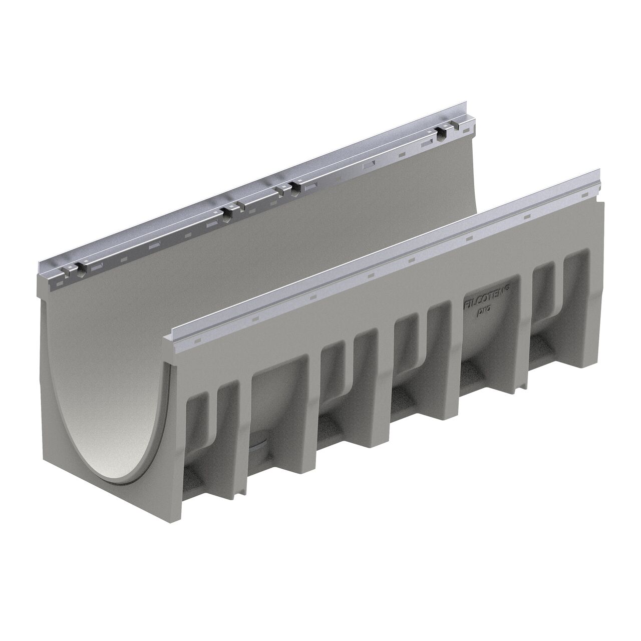The female interlocking end of the Constant Depth Channel 5-0 BG-FILCOTEN® by NDS® pro V 300 Trench Channel Drain with Galvanized Steel Rails (NDS 10630261), an 12 in. wide trench drain with high-load capacity made of high-performance concrete (HPC)