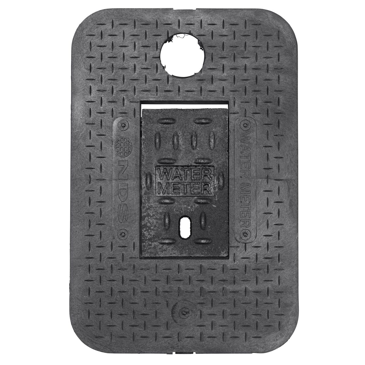 Top down view of the top side of the Cast Iron Water Meter Drop-In cover (NDS D1200-DICIRTRL) with cast iron reader for the NDS 14 in. X 19 in. Rectangular Standard Series Meter Boxes