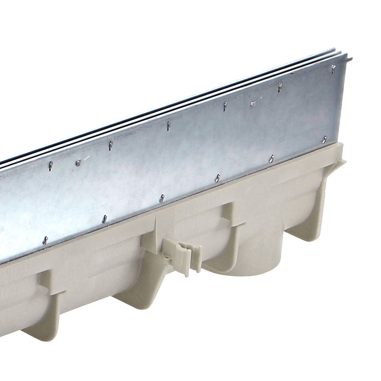 Closeup view of the edge and connection point of the two feet long NDS Dura Slope galvanized steel slot top channel drain grate (NDS DS-ST2) on a NDS Dura Slope Channel Drain (NDS DS-091)