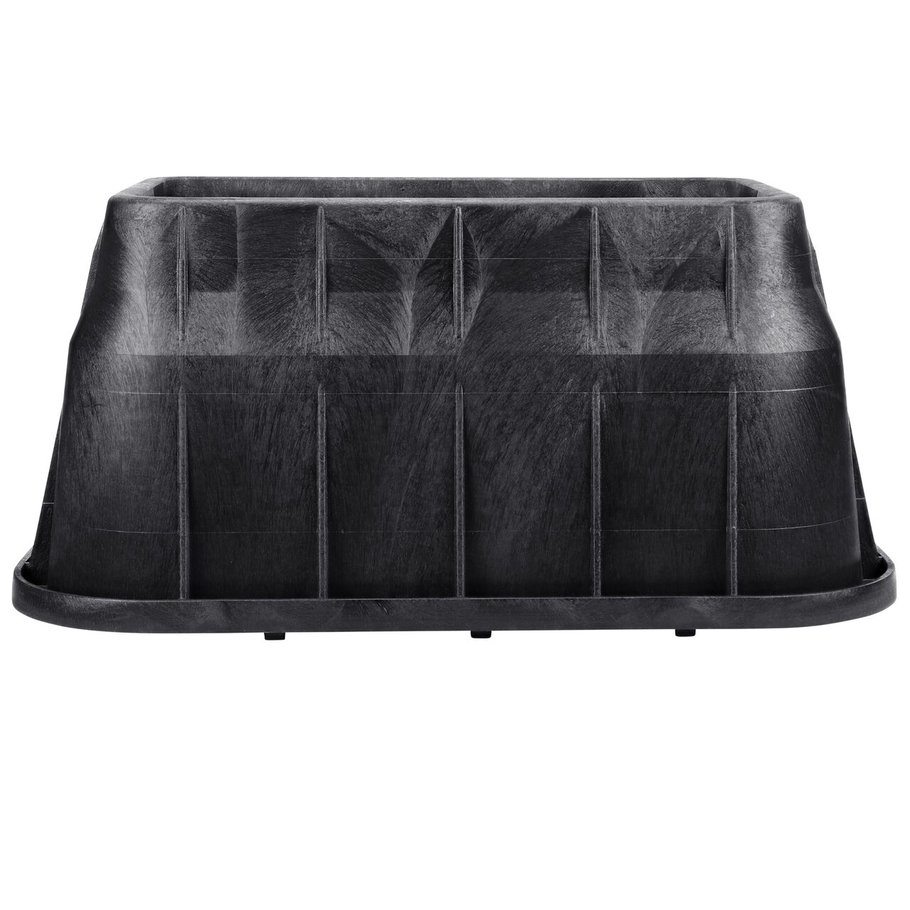 Side view of the longer side on the NDS black plastic 13 in. x 24 in. Rectangular Pro-Spec® Series Valve Box (NDS 325B) showing durability through the reinforced ribs and edging