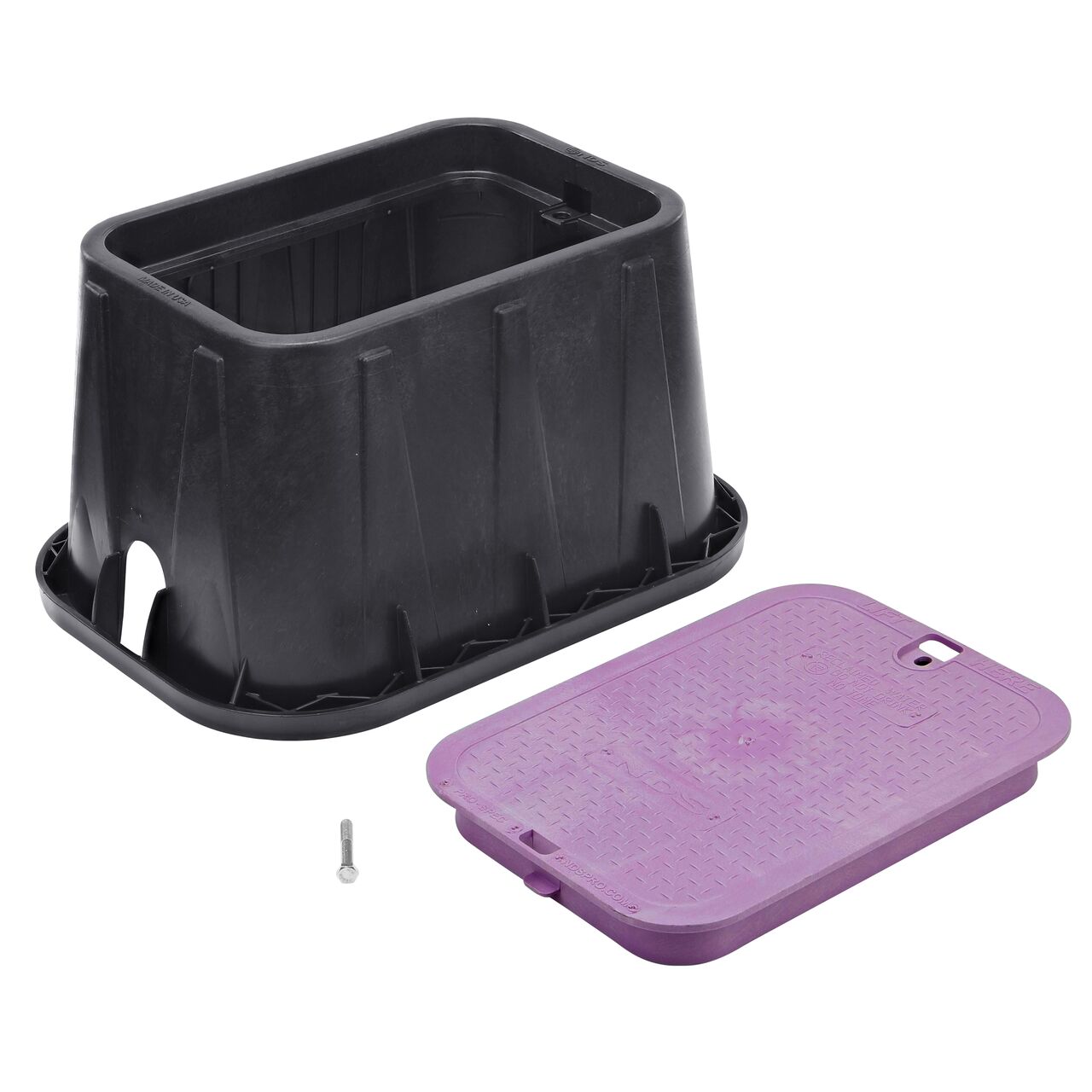 Unassembled View of the NDS 14 X 19 in. Black Rectangular Pro-Spec® Series valve box, bolt, and Purple Reclaimed Water overlapping cover (NDS 313BCBR) with universal locking mechanism enabling a variety of bolts and screws to be used to secure the covers.