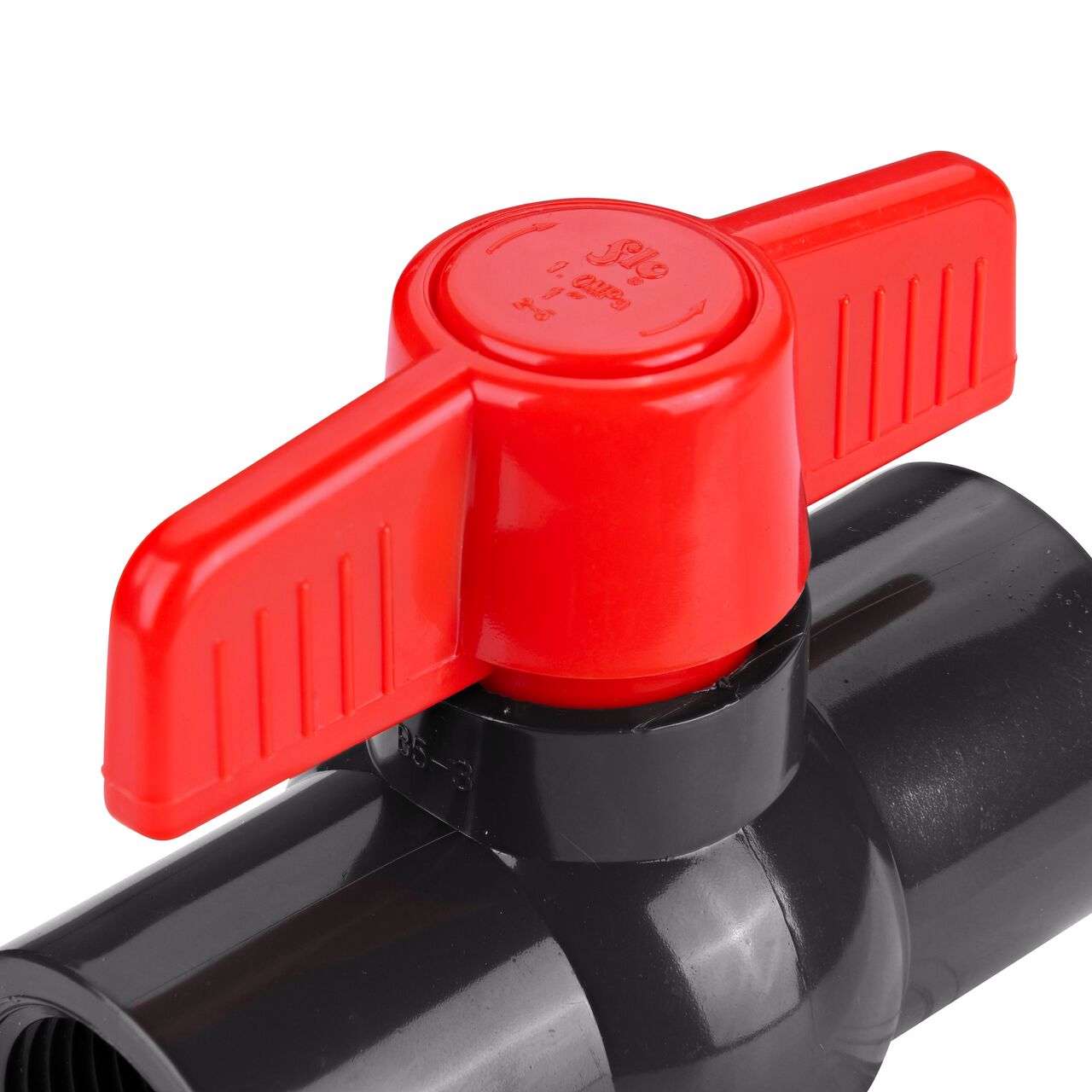 Closeup of the NDS IPS Ball Valve showing the handle that rotates two ways to control water flow (NDS E1620-10)