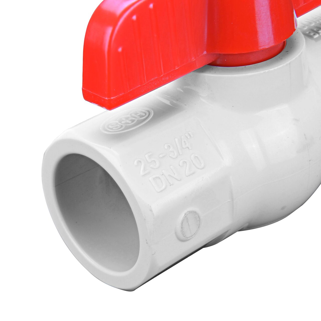 Closeup of the NDS IPS Ball Valve showing the stem that is made of durable PVC material (NDS E1410-07)
